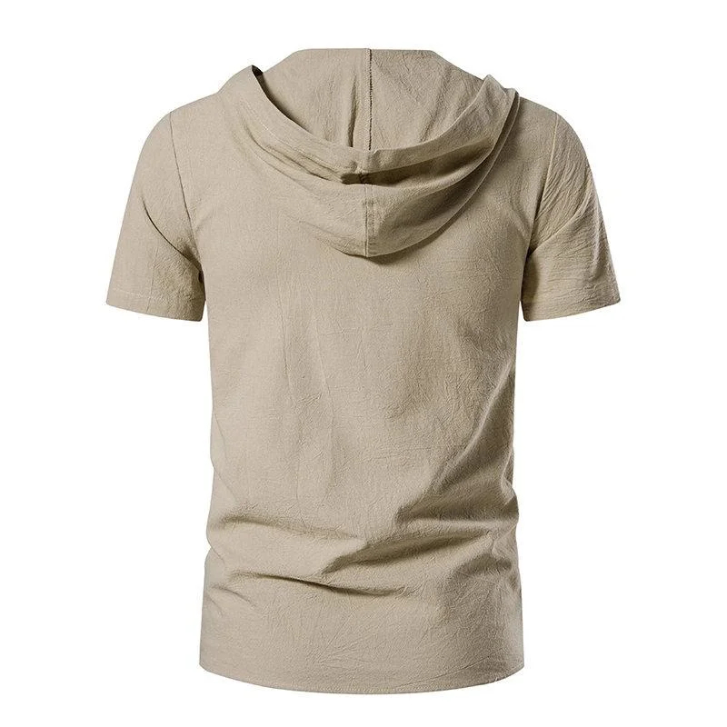 Hooded T Shirt Men Summer Short Sleeve Shirt Streetwear Pure Color Lace-up Breathable Top Tees