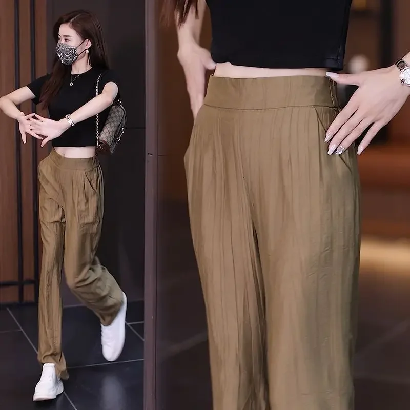 Fashion Elastic Pockets Solid Color Folds Casual Pants Women's Clothing 2024 Summer New Loose High Waist All-match Cropped Pants