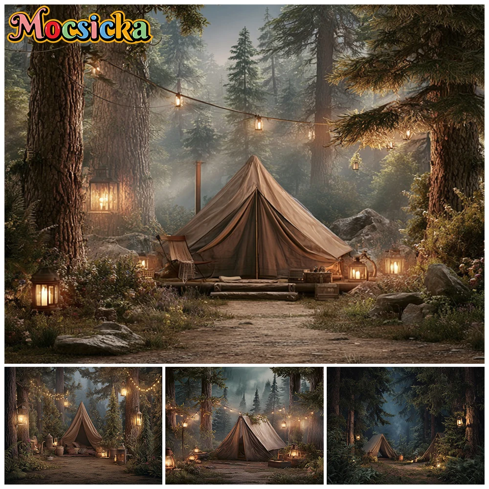 Mocsicka Misty Forest Tent Photography Backdrop Kids Birthday Maternity Family Adventure Portrait Studio Decor Photo Backgrounds