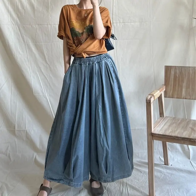 

2023 New Arrival Spring Autumn Women All-matched Cotton Denim Ankle-length Pants Elastic Waist Loose Wide Leg Pants Jeans P632