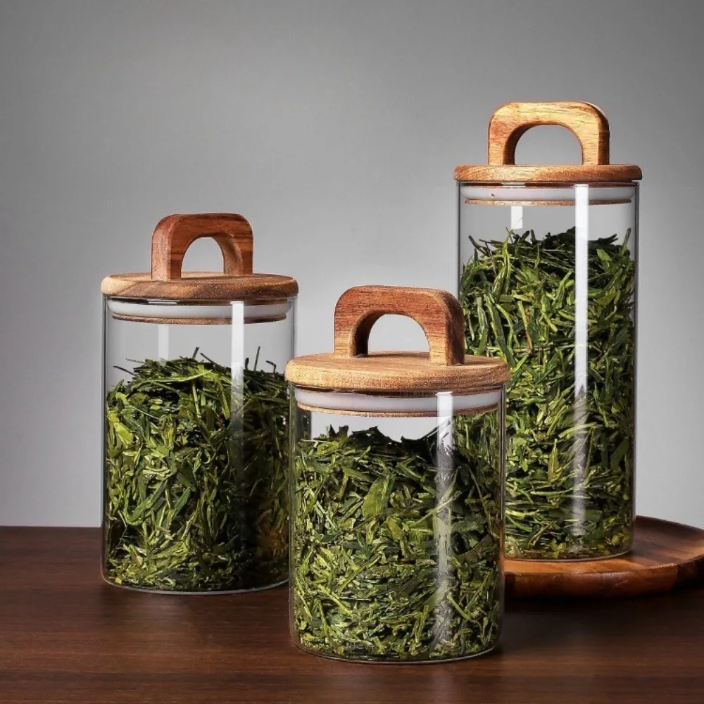 

New Wood Lid Sealed jar with Handle Large Capacity Food Container Glass Multi-size Kitchen Storage Bottles for Tea Coffee Beans