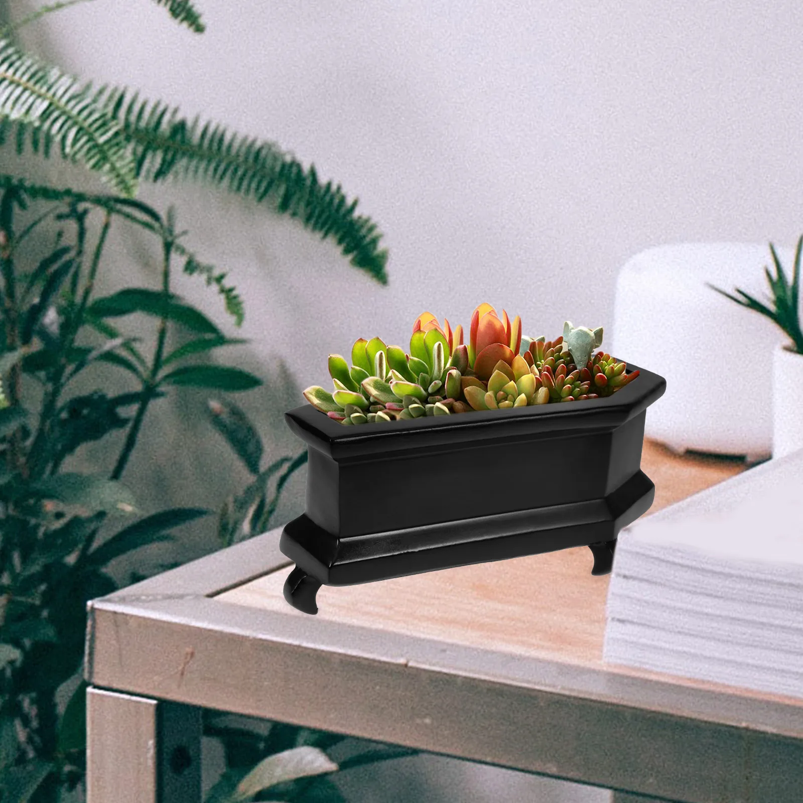 

Coffin Shape Flower Pot Modern Decorative Planter Resin Craft Durable Indoor Outdoor Use Cactus Bonsai Succulent Pot Home Garden