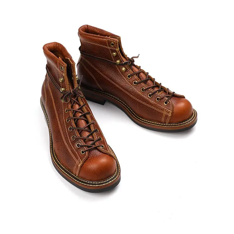 Retro Color-blocked High-top Round-toe Motorcycle Riding Shoes for Men and Women Martin Paratrooper Boots Cowhide Short Boots