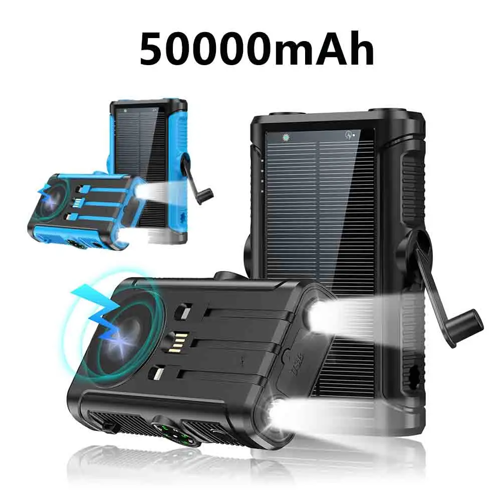 

50000mAh Solar Power Bank with Cable Hand Crank Charging External Battery 22.5W Magsafe Wireless Charger for IPhone