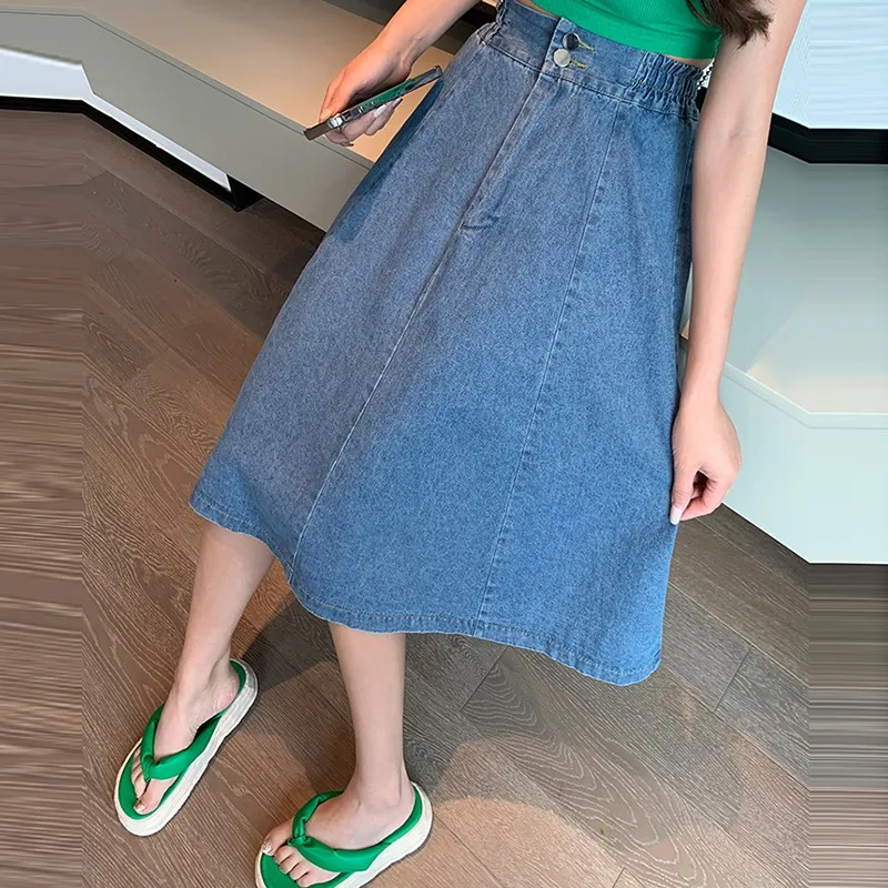 High Waist Casual Skirt Women New Arrival 2024 Spring Korean Style Solid Color Denim Basics Ladies Elegant A-line Skirts W1715