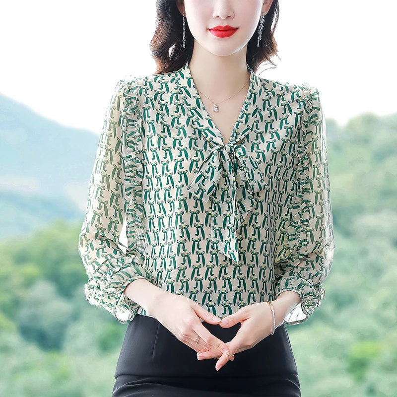 Elegant Fashion Bowknot Chiffon Shirt Summer Clothes New Fashion Printed Tops 3/4 Sleeve Women Blouse