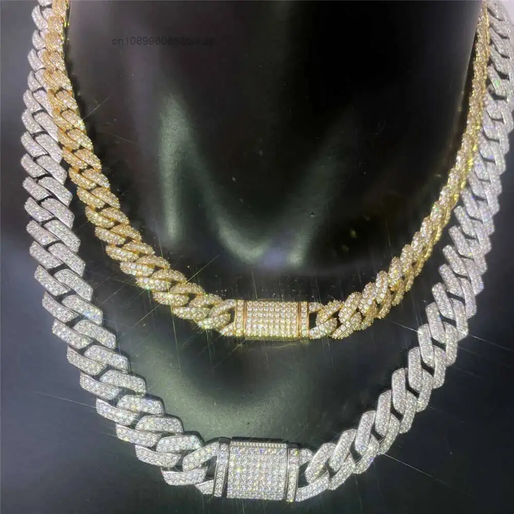 Luxury Pass Diamond Tester 14mm Wide 2rows 925 Solid Silver with Gra Moissanite Diamond Cuban Link Chain for Rapper Hip Hop Neck