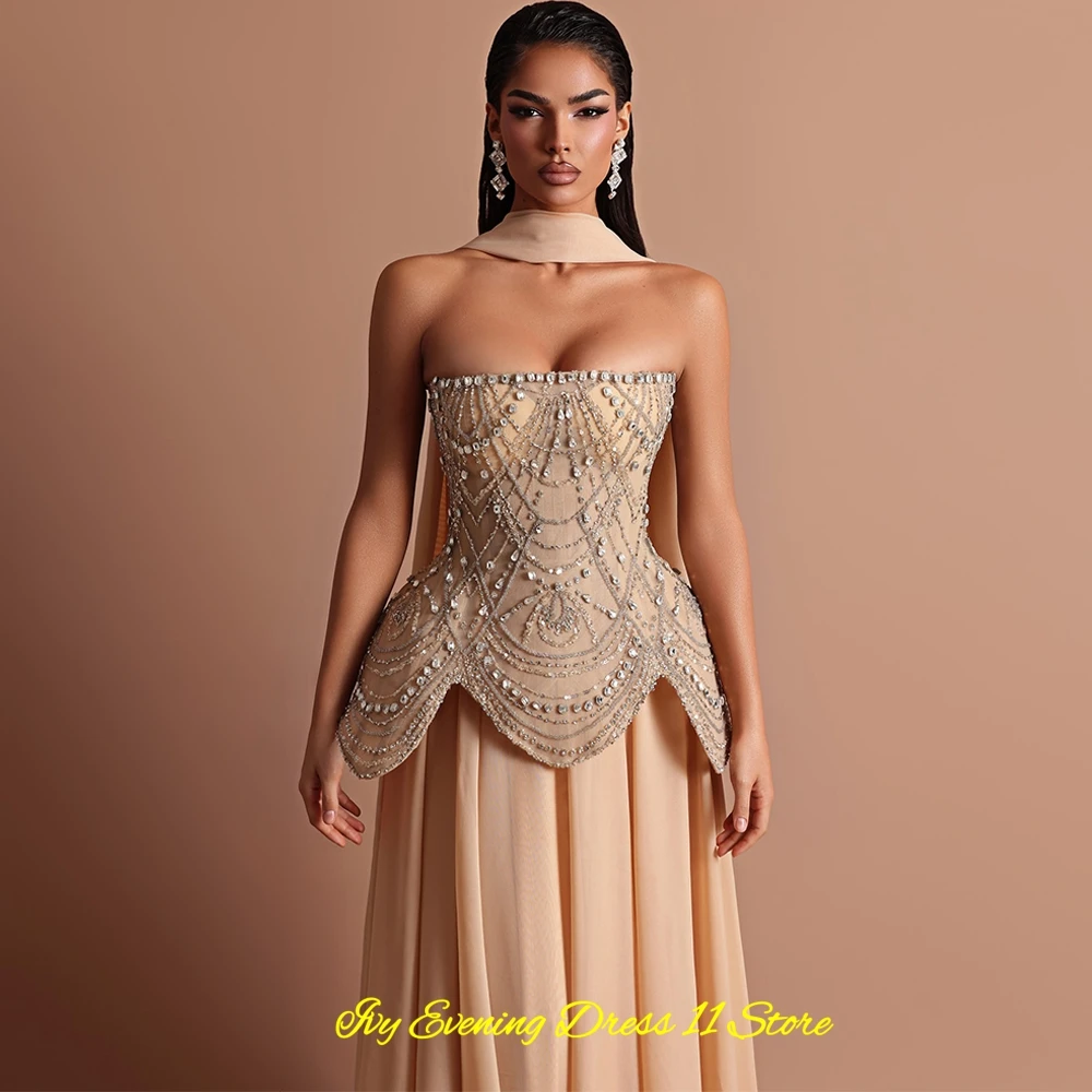 Customized Strapless Chiffon Evening Dress Formal Watteau Train Prom Gowns Exquisite Crystal Beading Celebrity Dresses