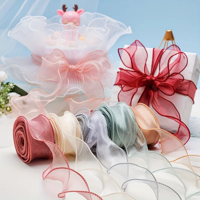 Image of 5 Stück 40 mm 10 Yards Fischschwanz-Organzaband, reflektierendes, schillerndes Band mit gewelltem Rand für Geschenkverpackungen, DIY-Schleifen, Blumensträuße, zufällige Farbe