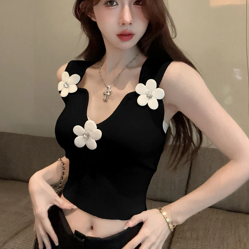 Korean 3D Floral Tank Top Women Deep V-Neck Sweet Summer Vacation Fashion Vest Solid Skinny Stretchy Harajuku Cropped Tops