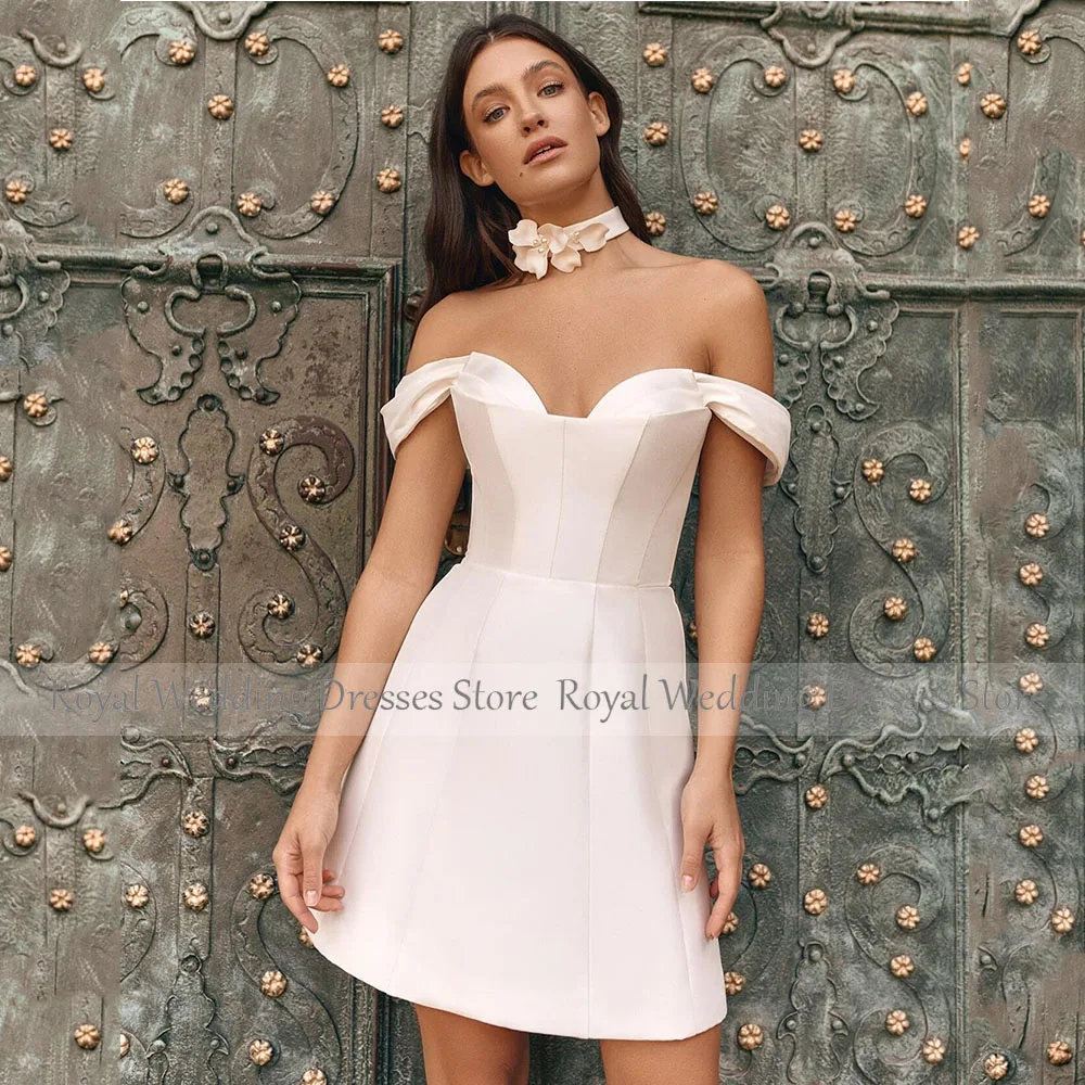 Abito da sposa moderno avorio linea A per donna Mini abito da sposa corto con spalle scoperte Abito da sposa in raso con strascico staccabile