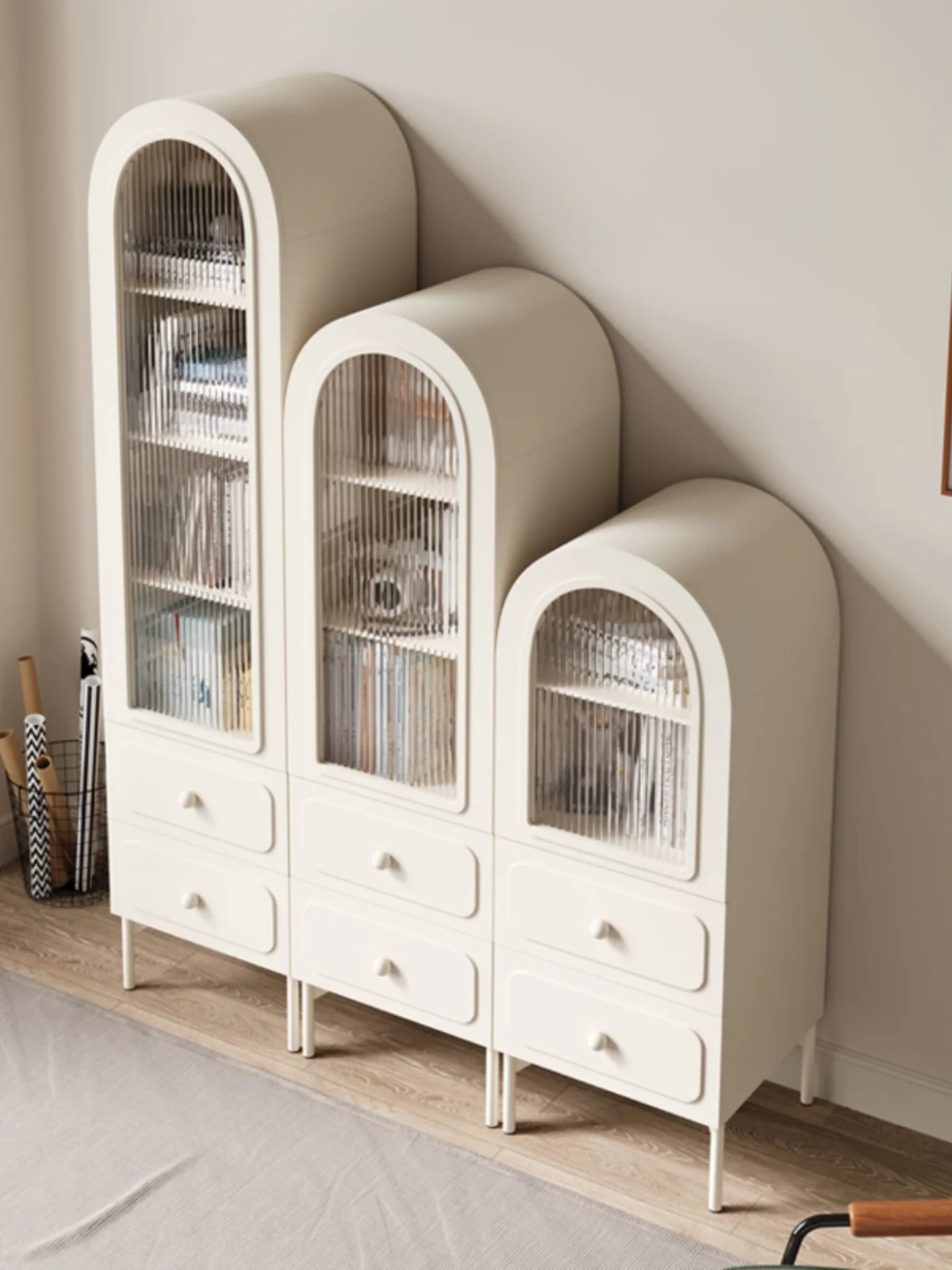 Living Room Bookcase with Glass Door Assembled Cabinet Arch Storage Cabinet Household Cream Style Display Cabinet