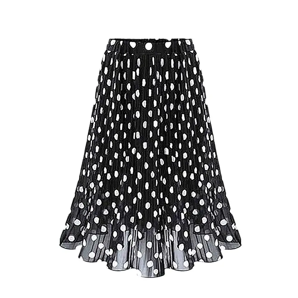 

Women's Black Dots Chiffon Polka Skirts Vintage Classic Elegant Sweet Female Elastic Waist Pleated Beach A-Line Plus Size Chic