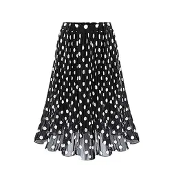 Women's Black Dots Chiffon Polka Skirts Vintage Classic Elegant Sweet Female Elastic Waist Pleated Beach A-Line Plus Size Chic