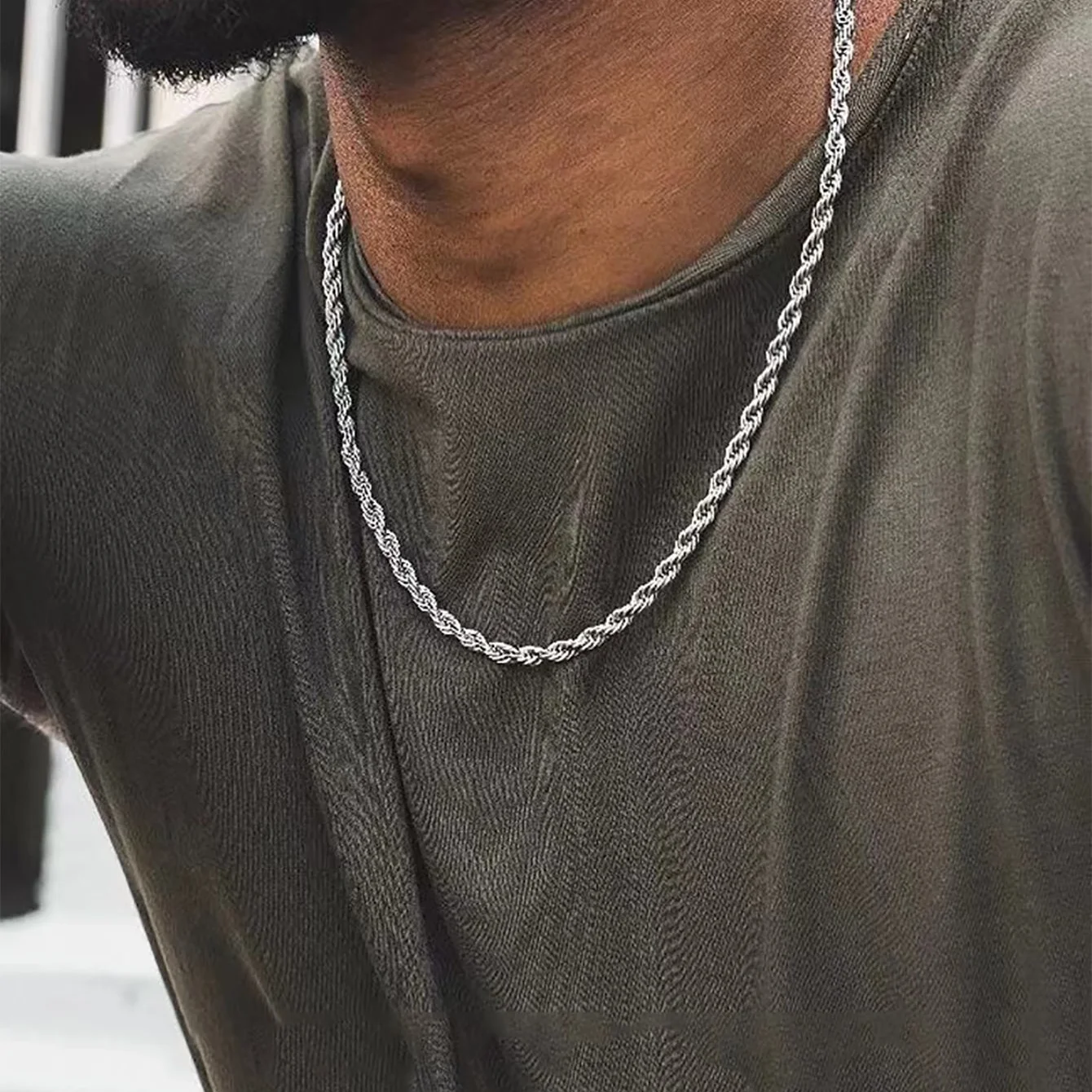 1 Stück Silberfarbene Kette, Breite 2mm/3mm/4mm/5mm, Seilkette für Männer und Frauen, Edelstahl, Gedrehte Singapore-Kette zum Schichten – Detail 7
