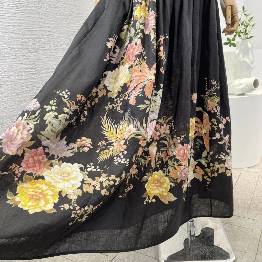 2025年ニューホリデーデザインカットアウトレトロ花柄プリントピュアリネン高品質ホルタープリーツ女性用マキシブラックドレス