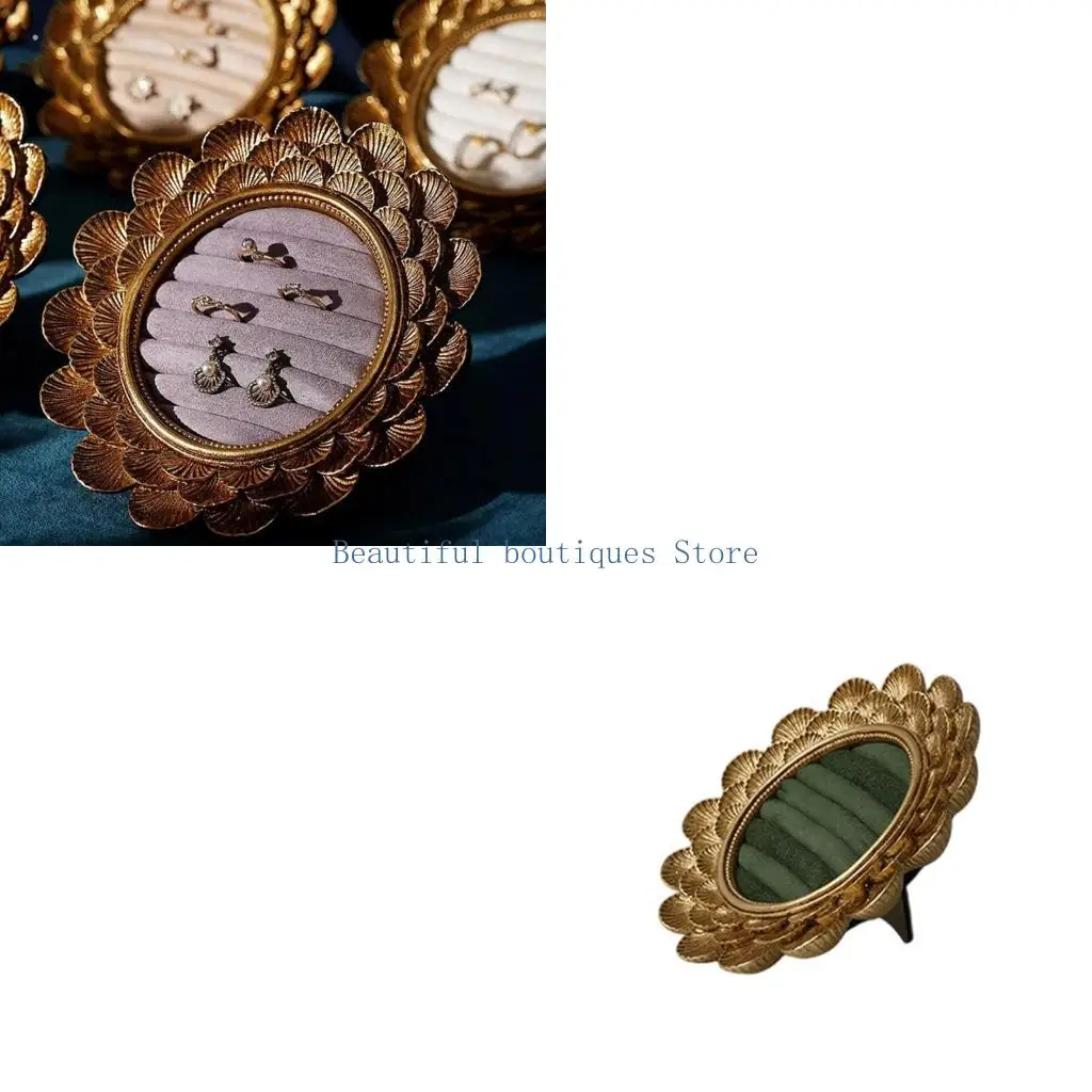 U4LF Oval Ring Display Tray with Gold Tone Vintage Frame, Jewelry Holder for Dresser Storage and Boutique Counter Styling