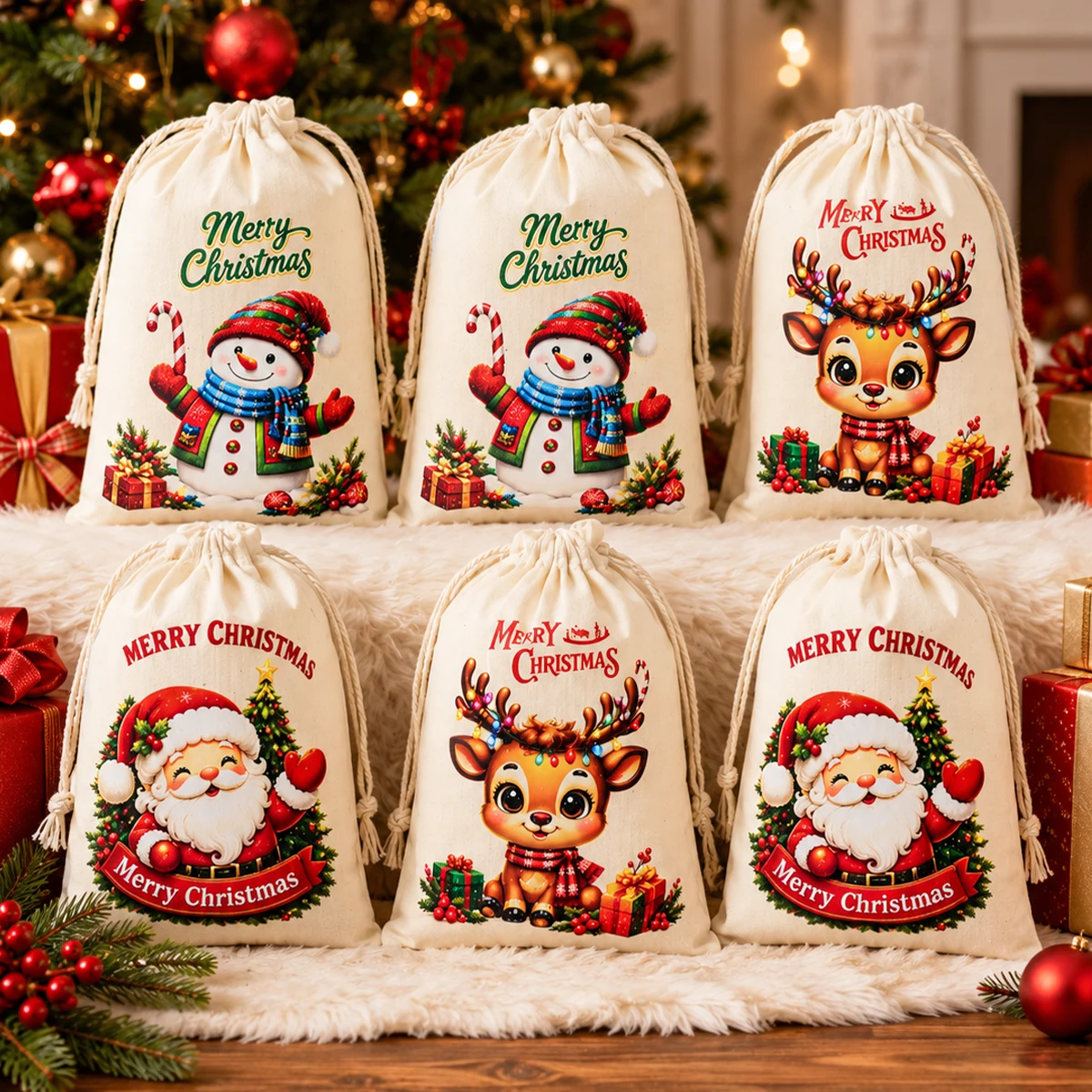 Christmas Drawstring Bags Merry Christmas Decorations for Home 2026 Cute Santa Claus Xmas Gift Bags Navidad Natal New Year 2027