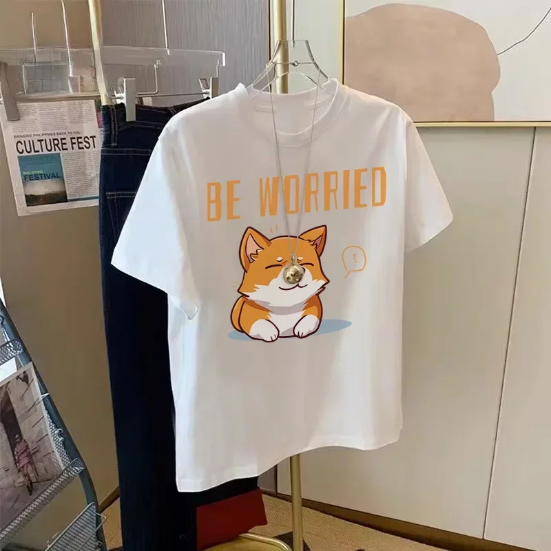 

New Cotton Original Design Cartoon Creativity Corgi Printed Men and Women Summer Loose Casual Round Neck Top Y2k Clothes Ins