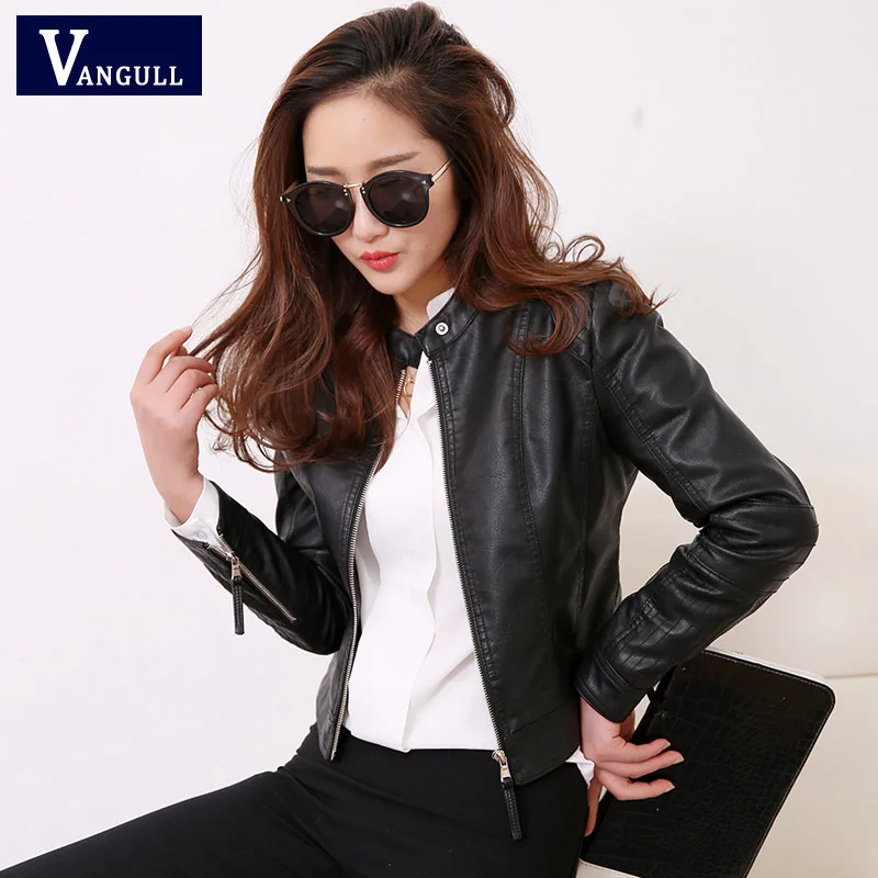 Vangull Jaket Kulit Pu Fashion Musim Semi Wanita Lengan Panjang Ritsleting Kerah Berdiri Mantel Wanita Lokomotif Jaket Kulit Dasar