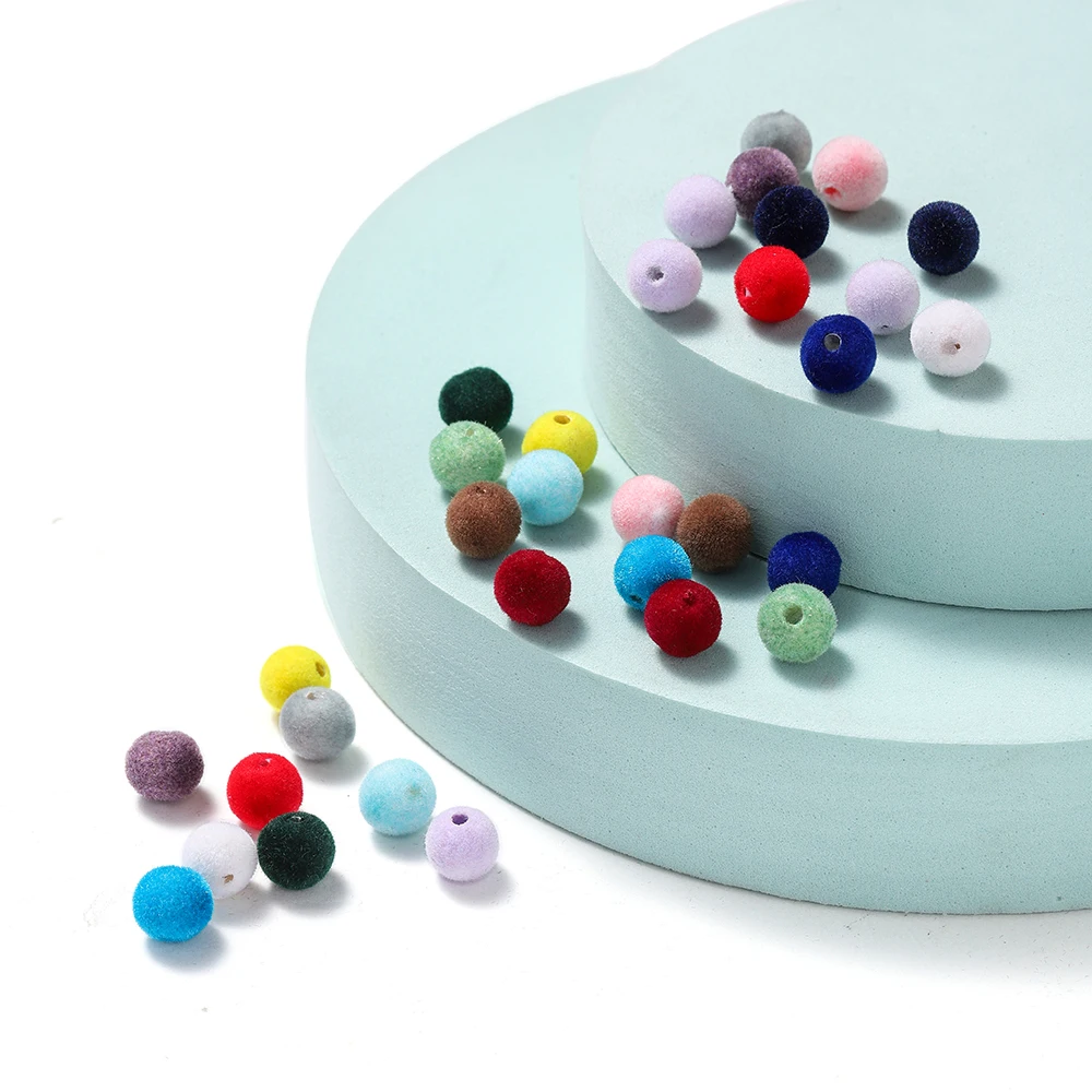 30 Stück 8/10 mm bunte Acryl-Beflockung, Samt, runde Kugelperlen für Halskette, Armband, Ohrringe, DIY-Schmuckherstellungszubehör – Detail 4