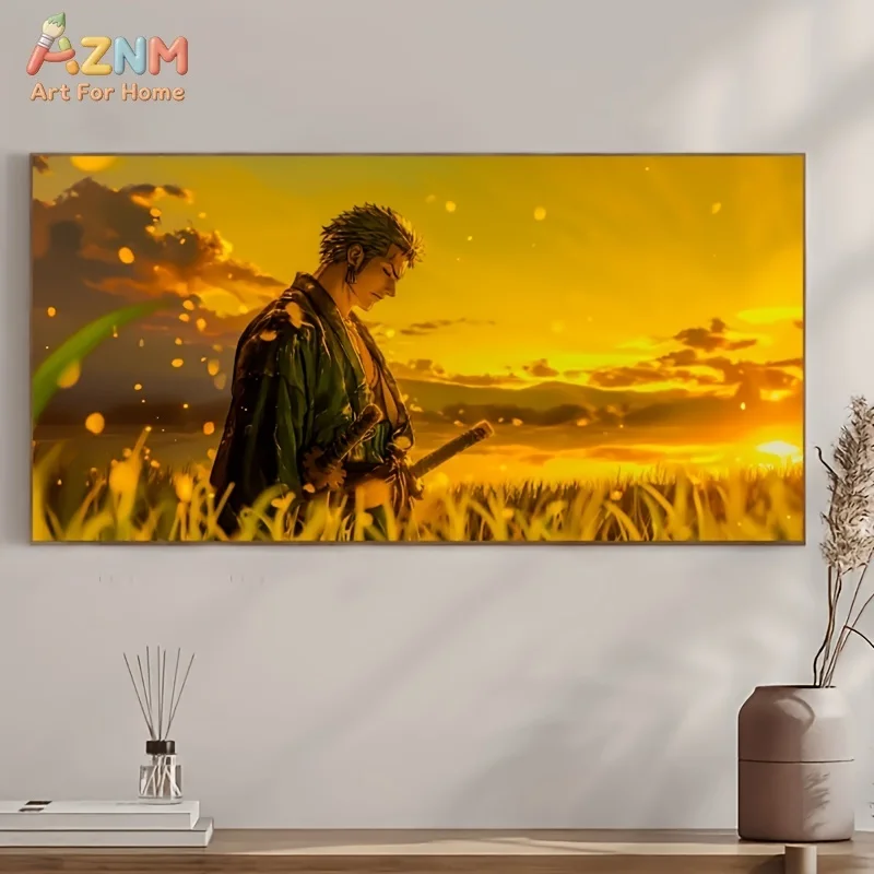 AZNM One Piece Roronoa Zoro Golden Sunset Grassland Landscape Anime Canvas Wall Art Three Swordsman Character Print Unframed Can