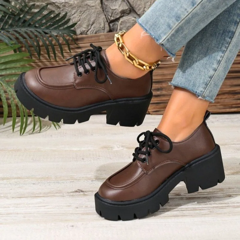 Women's Platform Shoes Round Toe Block Heel Lace-Up Smooth Upper Chunky Outsole Casual Active Walking Outdoor Commute Footwear