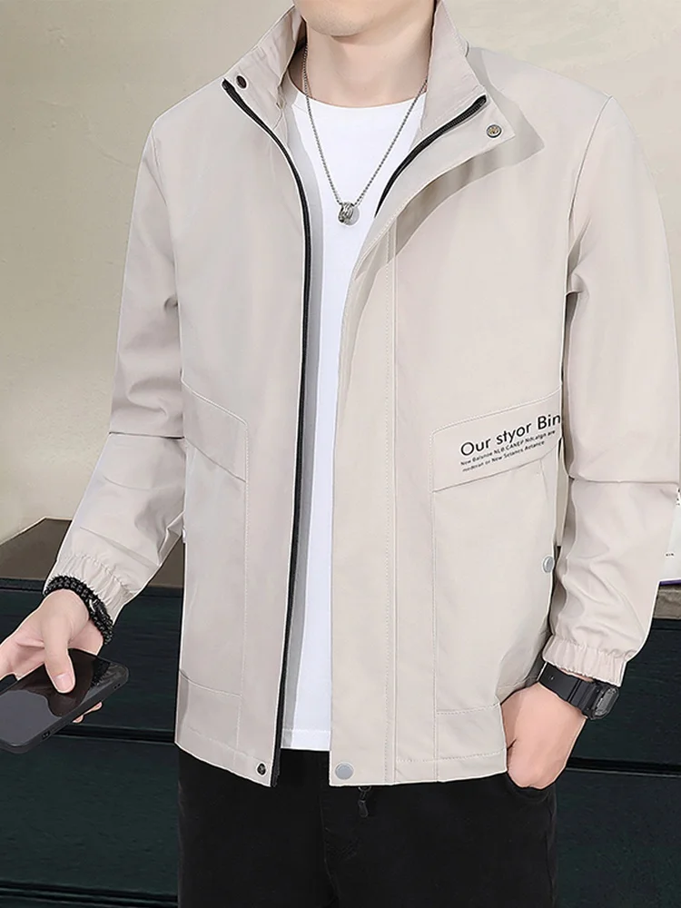 

Мужская повседневная свободная куртка Lei: весенне-осенняя, с воротником-стойкой, ветрозащитная, модная, однотонная, из полиэфирного волокна