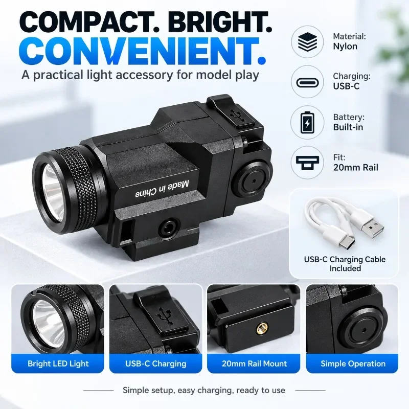 20mm Rail Compatible Nylon Mount LED Torch Built-in Battery USB Charging Outdoor Night Toy Gear