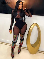 kliou Mesh Patchwork Jumpsuits Women Solid See Through Autumn Long Sleeve Cut Out Skinny Overalls Female Midnight Party Clothing