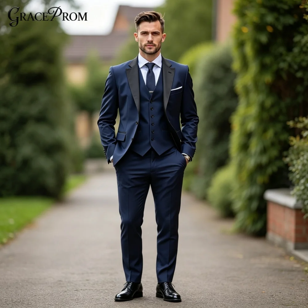 Opulent Navy Blue 3PCS Mens Tuxedo Black Satin Notched Groom Suit Vest Pants Set For Prom Graduation Business Event Customized