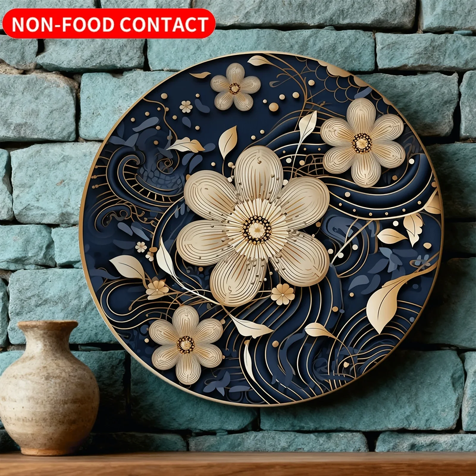 Single Decorative Plate, Blue Background with Golden Floral Classic Pattern, Non-Food Contact Ceramic Wall Art, Suitable for