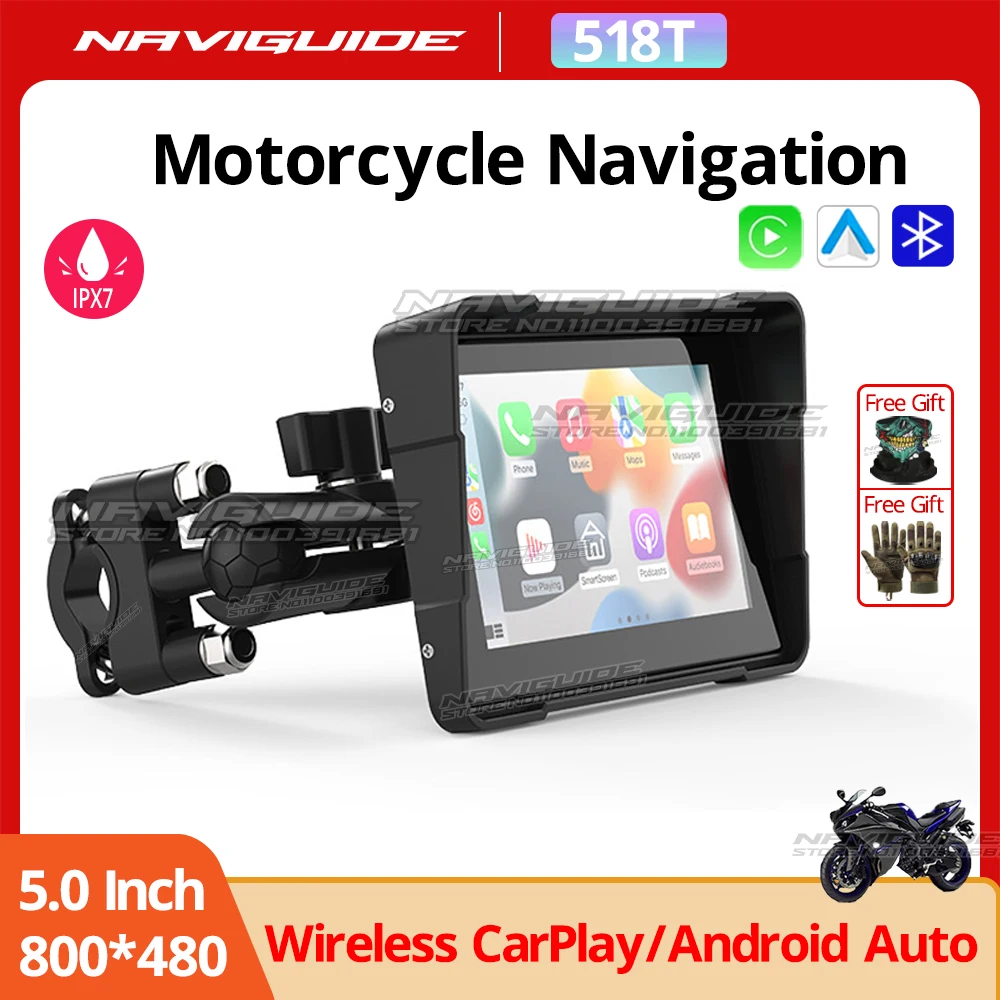 

NAVIGUIDE 518T 5'' CarPlay Wireless Android Auto GPS Navigation Motorcycle Screen Waterproof Moto Monitor WiFi BT Optional DVR