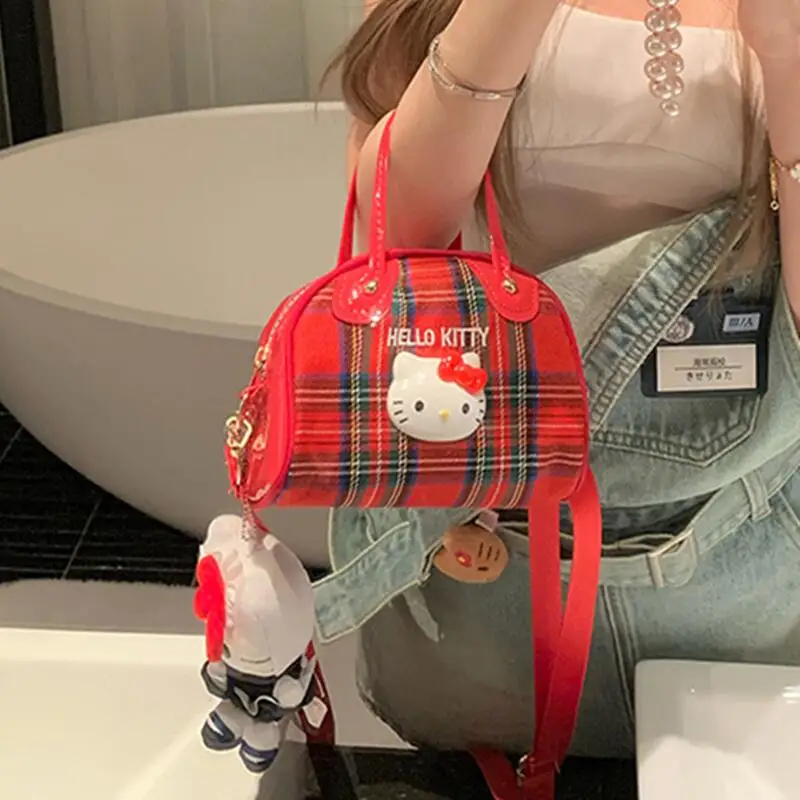 

Sanrio Hello Kitty Shoulder Bag Cute Anime Cartoon Girls Y2K Fashion Portable Handbag Checkered Cosmetic Storage Holiday Gifts