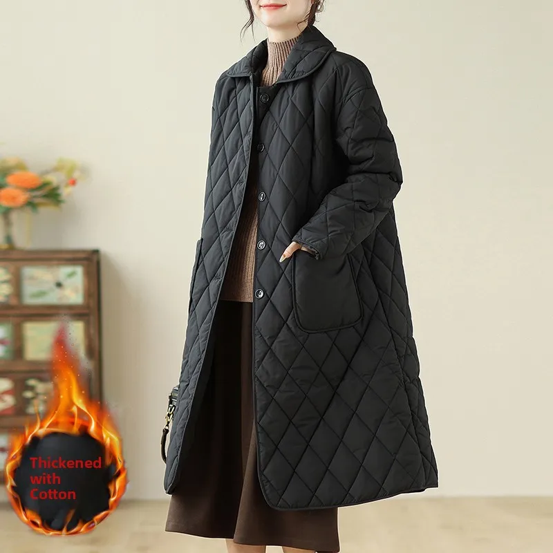 

plus Size Knee-Length Cotton Jacket Women's Loose Fit Ins Winter Slimming Versatile Outerwear Thickened Commute Style