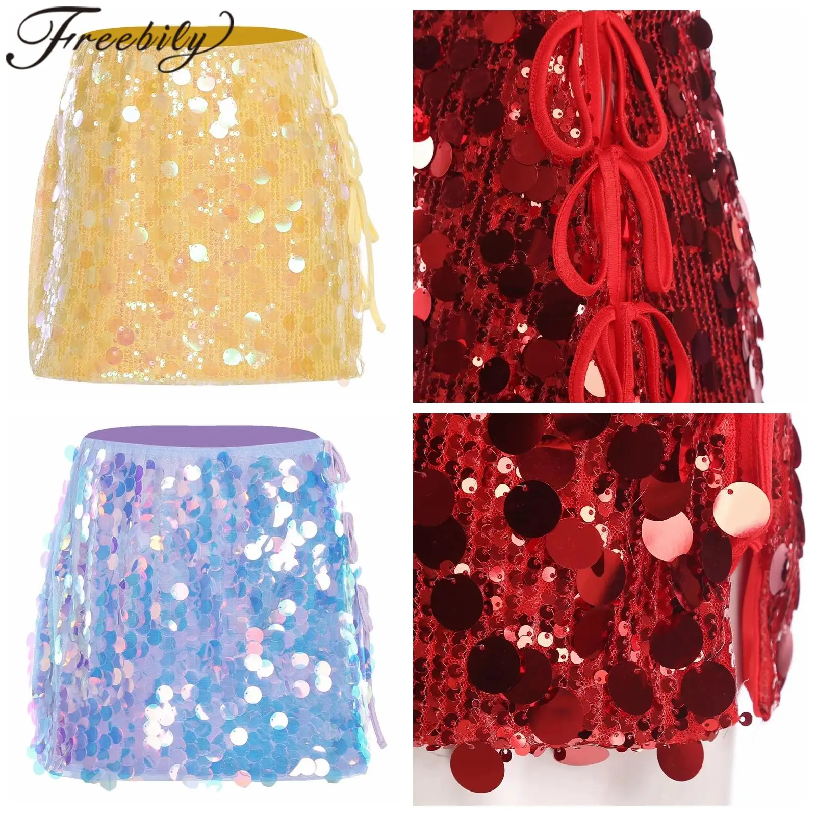 

Women's Raves Bodycon Skirts Sequin Miniskirt Sparkly Dance Performance Costume Side Slit Lace-up Night Club Party Mini Skirt
