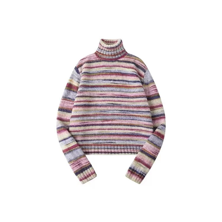 

Korejpaa French Style Pull Femme Sweaters Contrasting Rainbow High Neck Striped Sweater Women Autumn Pullover Knitted Top