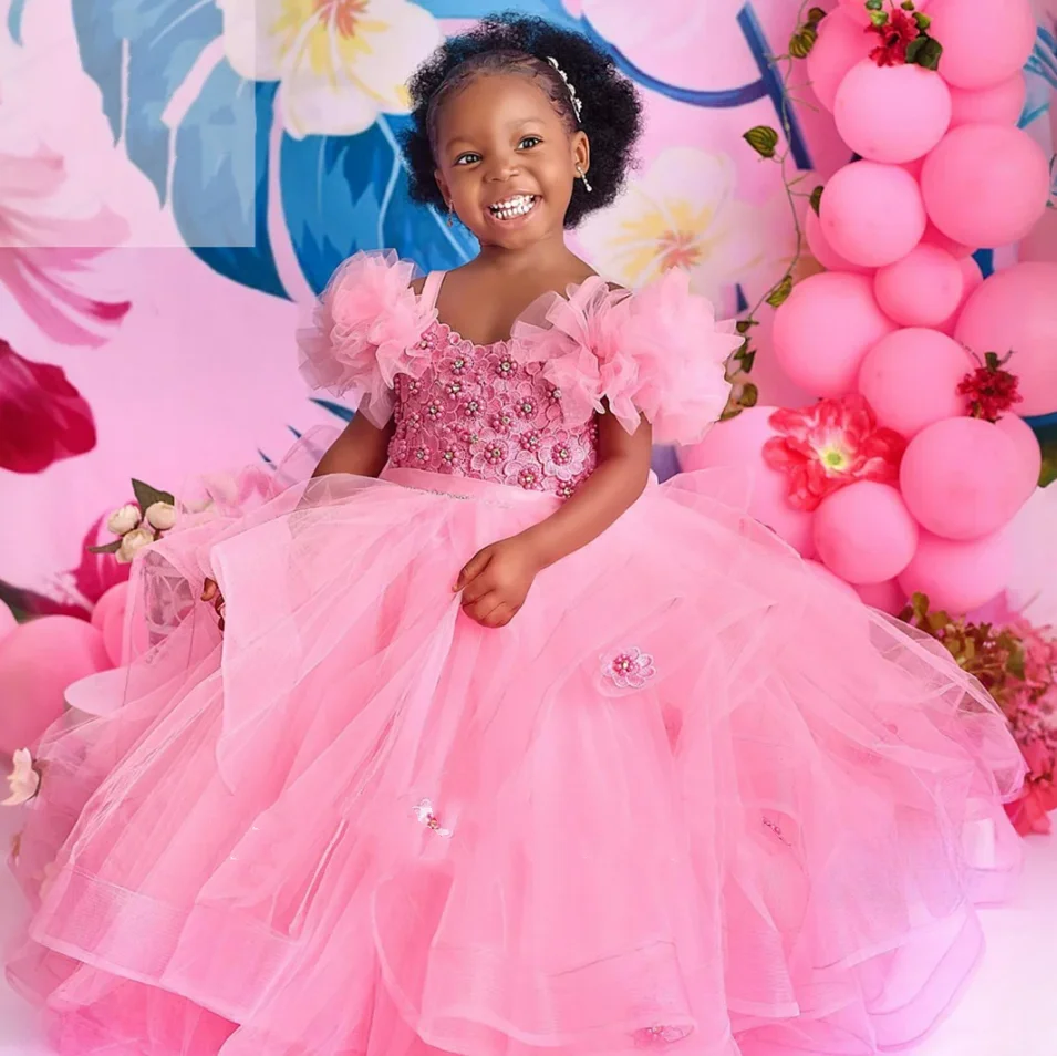 

Pink Flower Girl Dress Tiered Tulle Ruffles Pearls Princess Queen Girls Birthday Party Gown First Communion Dress