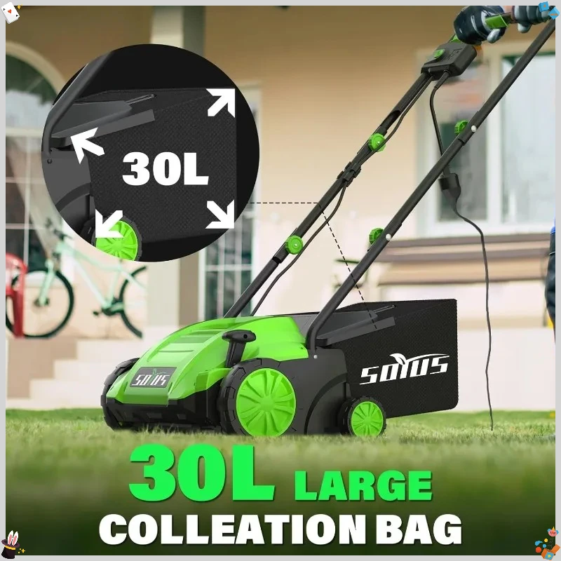Desacoplador y escarificador eléctrico con bolsa de colección de 30 L, desacoplador de césped con cable 2 en 1 de 13 pulgadas y 12 amperios con profundidad de 4 posiciones