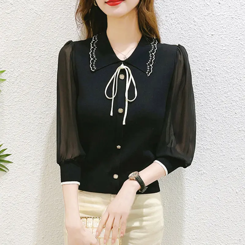 Fashion Lace Up Bow Knitted Spliced Gauze Puff Sleeve Blouses Women's Clothing 2024 Autumn New Loose All-match Tops Chic Shirts