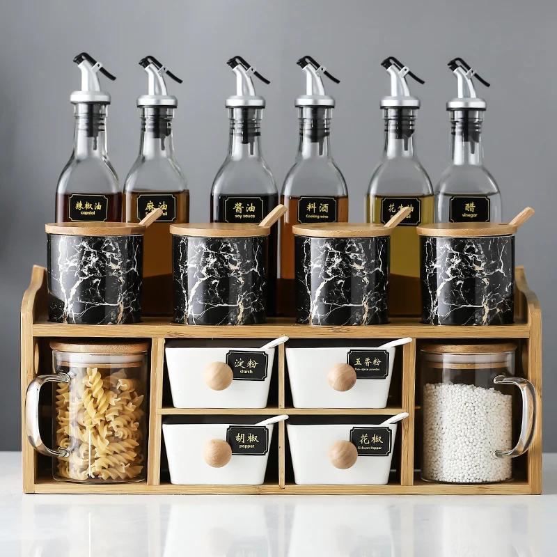 ‌‌Scandinavian Spice Rack, Leakproof Spice Container Set, Oil & Vinegar Dispenser with Stand, Stylish Kitchen Storage