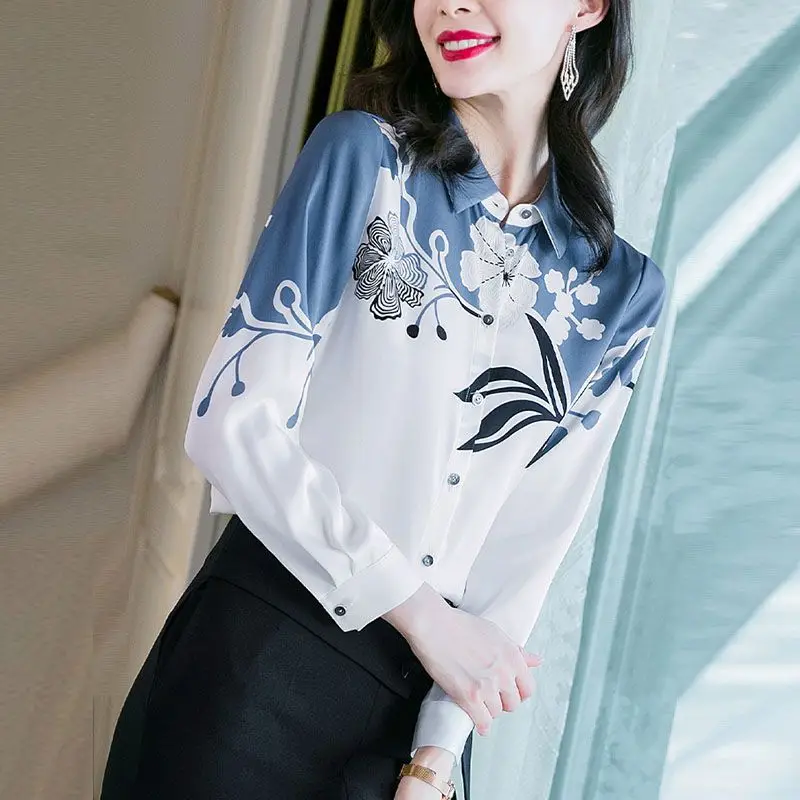 Elegant Lapel Button Printed Long Sleeve Shirts Women's Clothing 2024 Autumn New Loose All-match Tops Office Lady Blouses