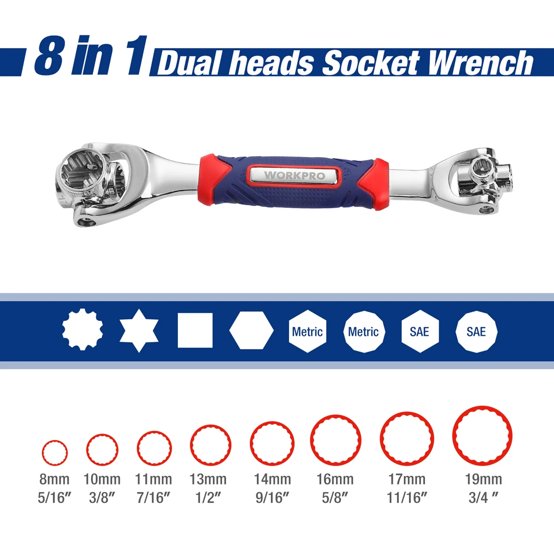 WORKPRO 8 in 1 Socket  Wrench Universal Ratchet Spline Bolts Sleeve Rotation Hand Tools 360 Degree Multipurpose Reversing Wrench