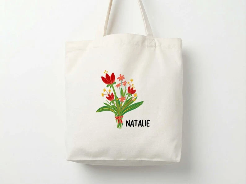 Personalized Floral Tote Bag – Custom Name Canvas Bag for Women, Florist-Style Shopping Bag – Birthday Gift for Her or Teacher's