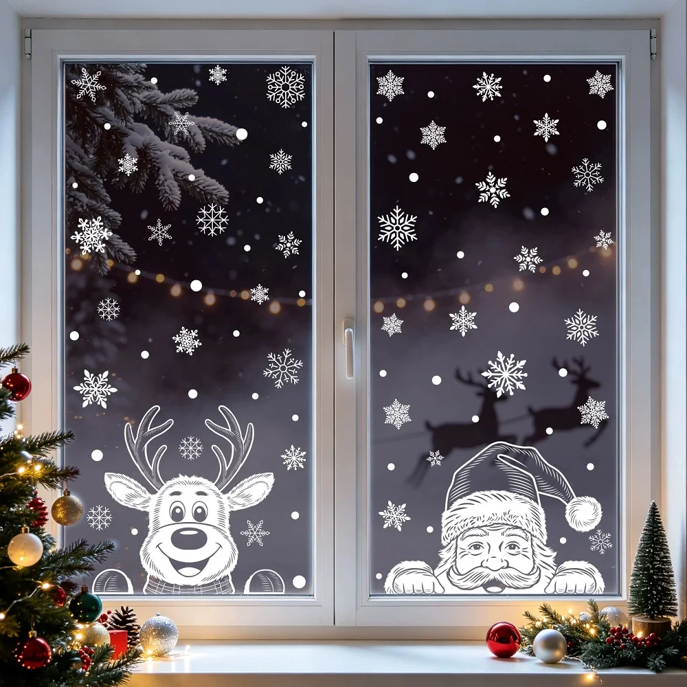 Weiße Weihnachtsbaum-, Weihnachtsmann-, Schneemann- und Elch-Fensteraufkleber zur Dekoration für Zuhause, Büro, Einkaufszentrum und Schaufenster – Detail 4