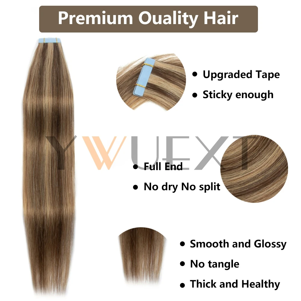 شريط شعر بشري حقيقي في ملحقات 12 ''-24'' شعر طبيعي مستقيم عالي الضوء بدون خياطة على شريط مزدوج الجوانب 20 قطعة 30 جرام/الحزمة
