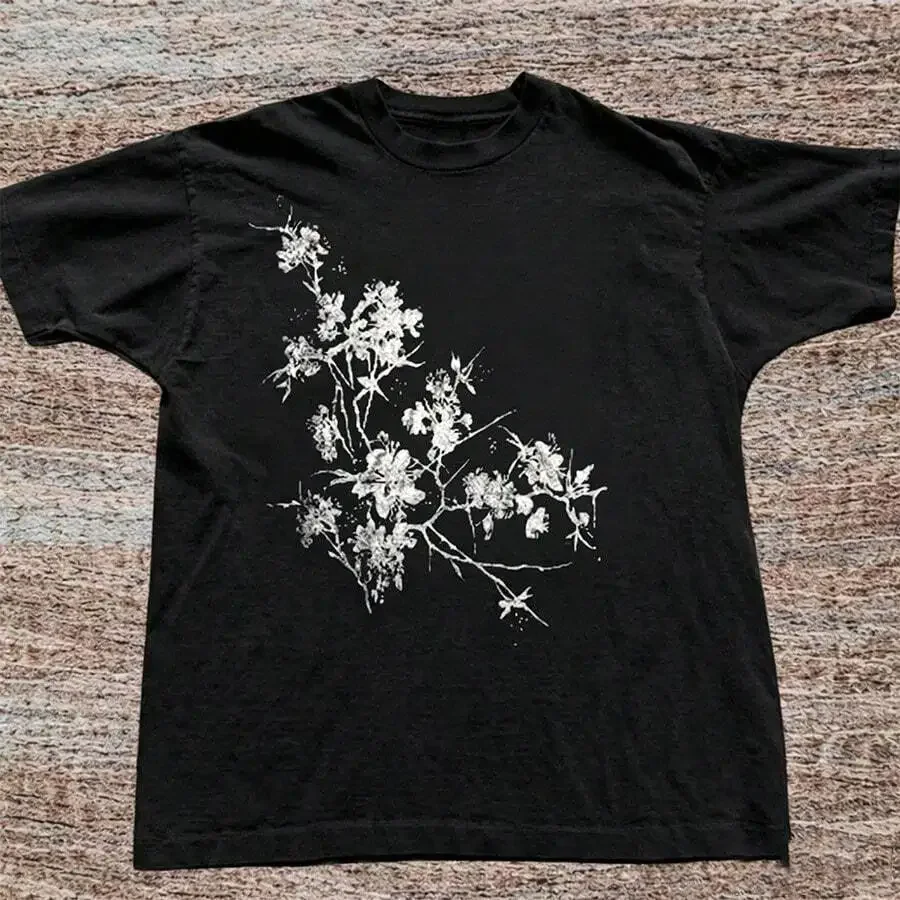 Unisex Grunge Graphic Tee Retro Asian Ink Art Cherry Blossom Branch Brush Stroke Floral Print Crew Neck Short Sleeve Casual Black T Shirt