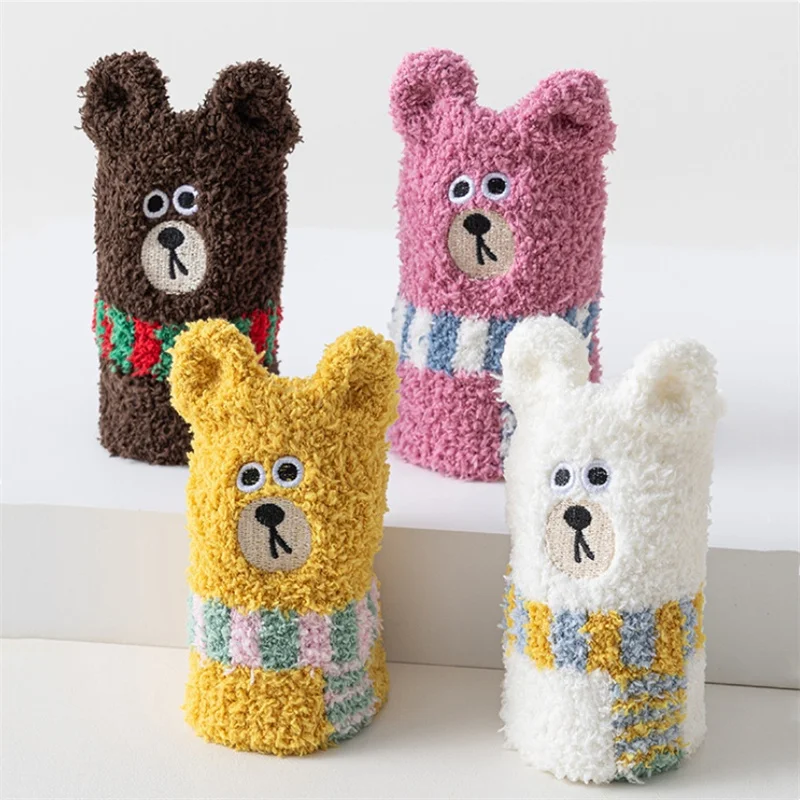 Calzini lunghi per bambini invernali in pile di corallo, spessi, caldi, carini, per ragazze, ragazzi, morbidi cartoni animati, orso, madre figlia, calze genitore-figlio