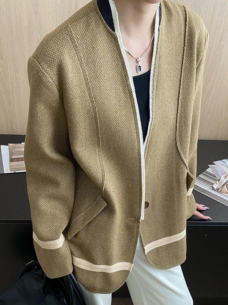 예모라 카멜 울 패치워크 버 캐주얼 블레이저 여성용 V넥 롱 슬리브 루즈핏 신상 재킷 패션 트렌드 봄 가을 2025