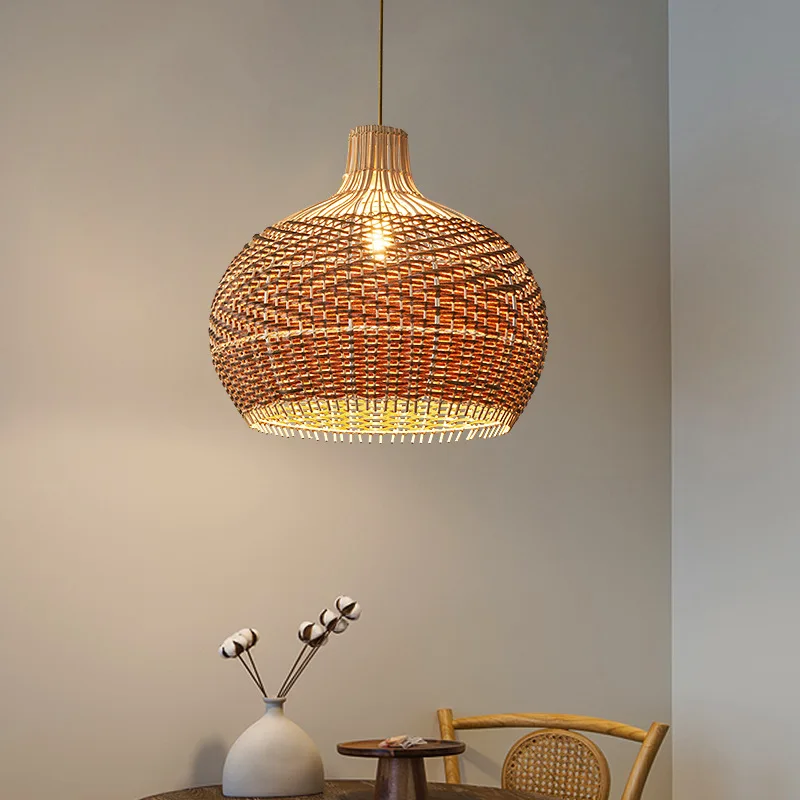 Handmade Retro Rattan Lamp LED Pendant Light Fixtures Vintage Hanging Chandeliers Lights Dining Room Decor Restaurant Suspension